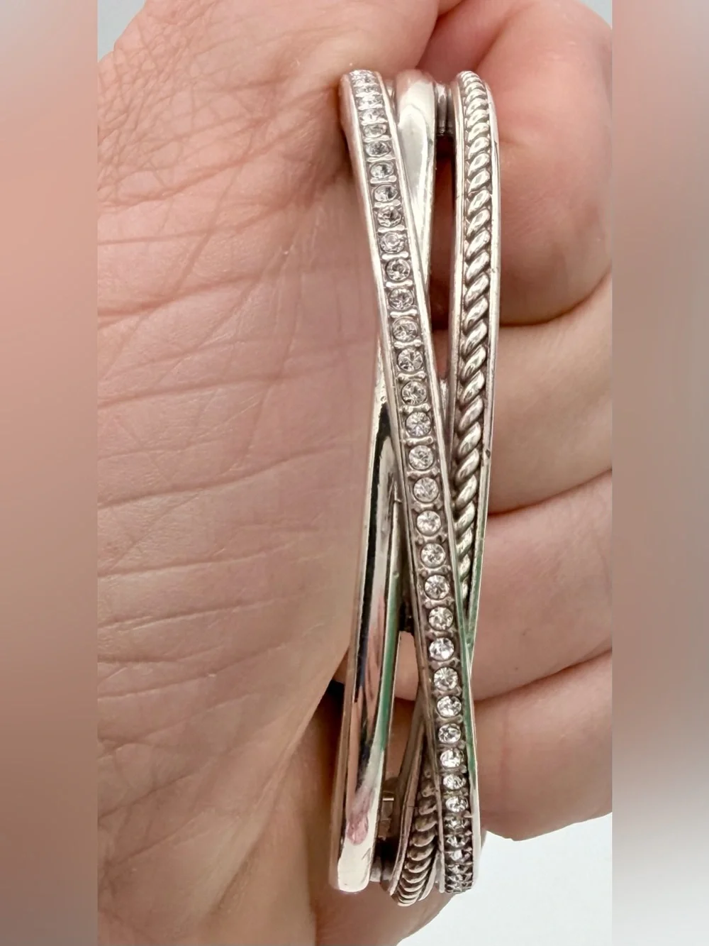 Brighton Silver Crystal Crossover Bangle Bracelet Multi-Row Layered - Picture 6 of 10